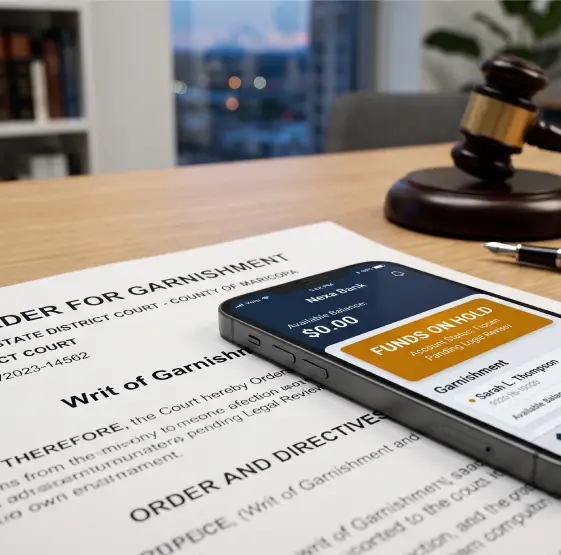 Phone showing funds on hold beside a court order for garnishment