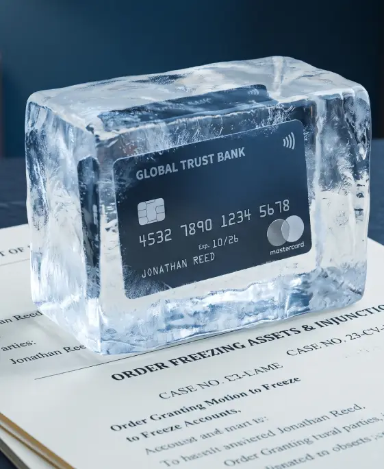 A bank card frozen in ice on top of a court order freezing assets